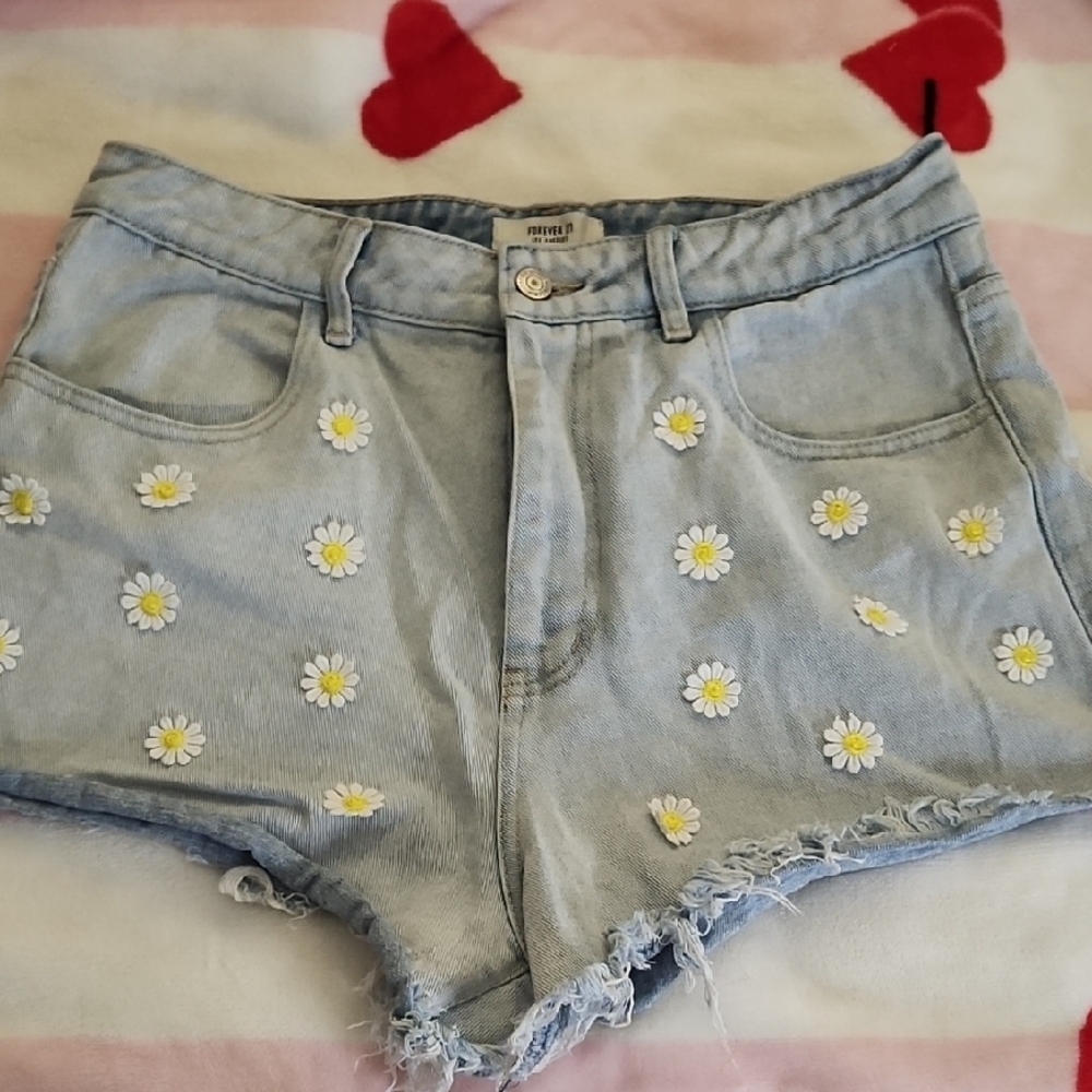 Revolve Light Blue Daisy Embroidered Women's Shorts